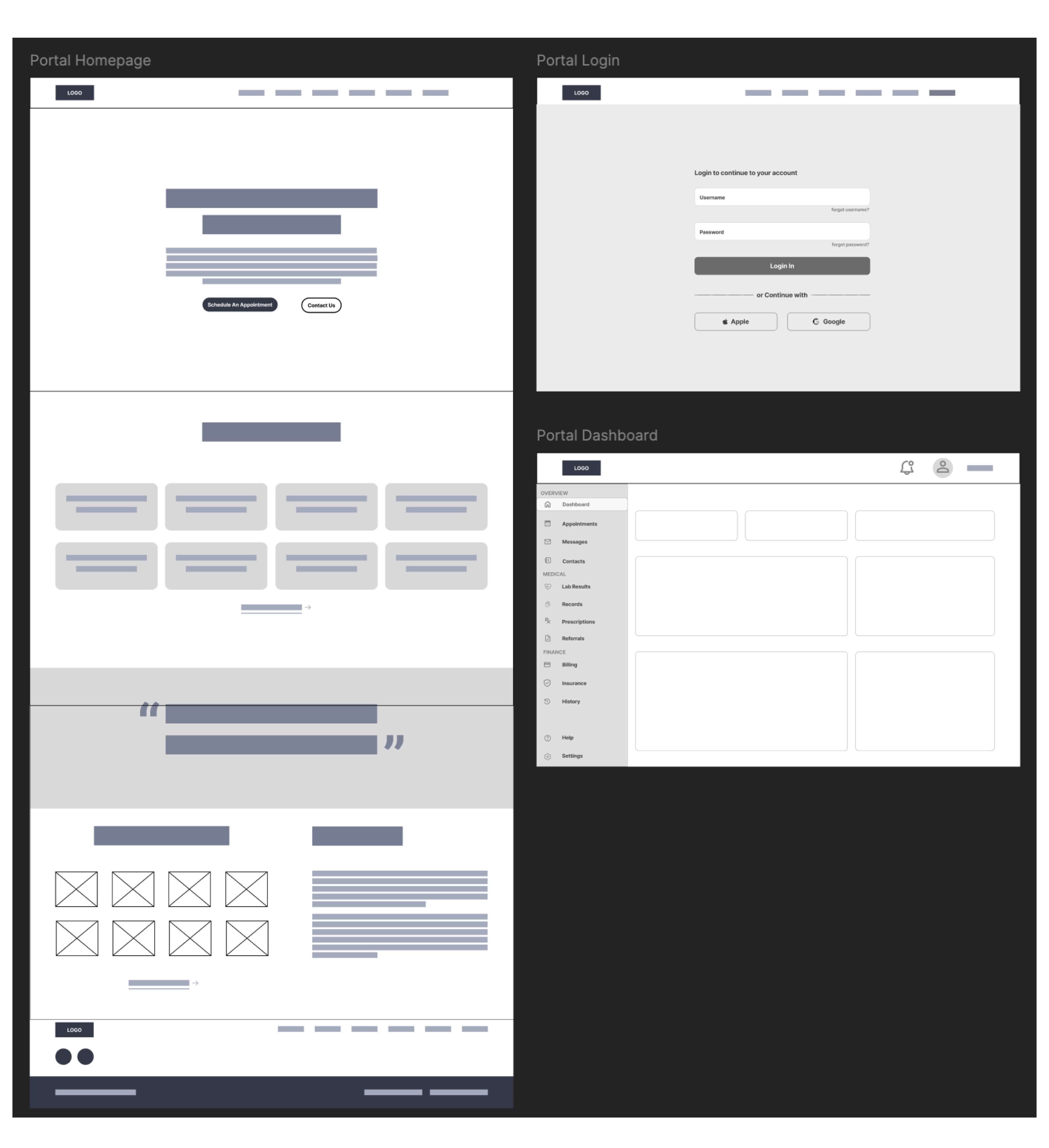 Mid fidelity wireframe — homepage, sign-up, and portal dashboard